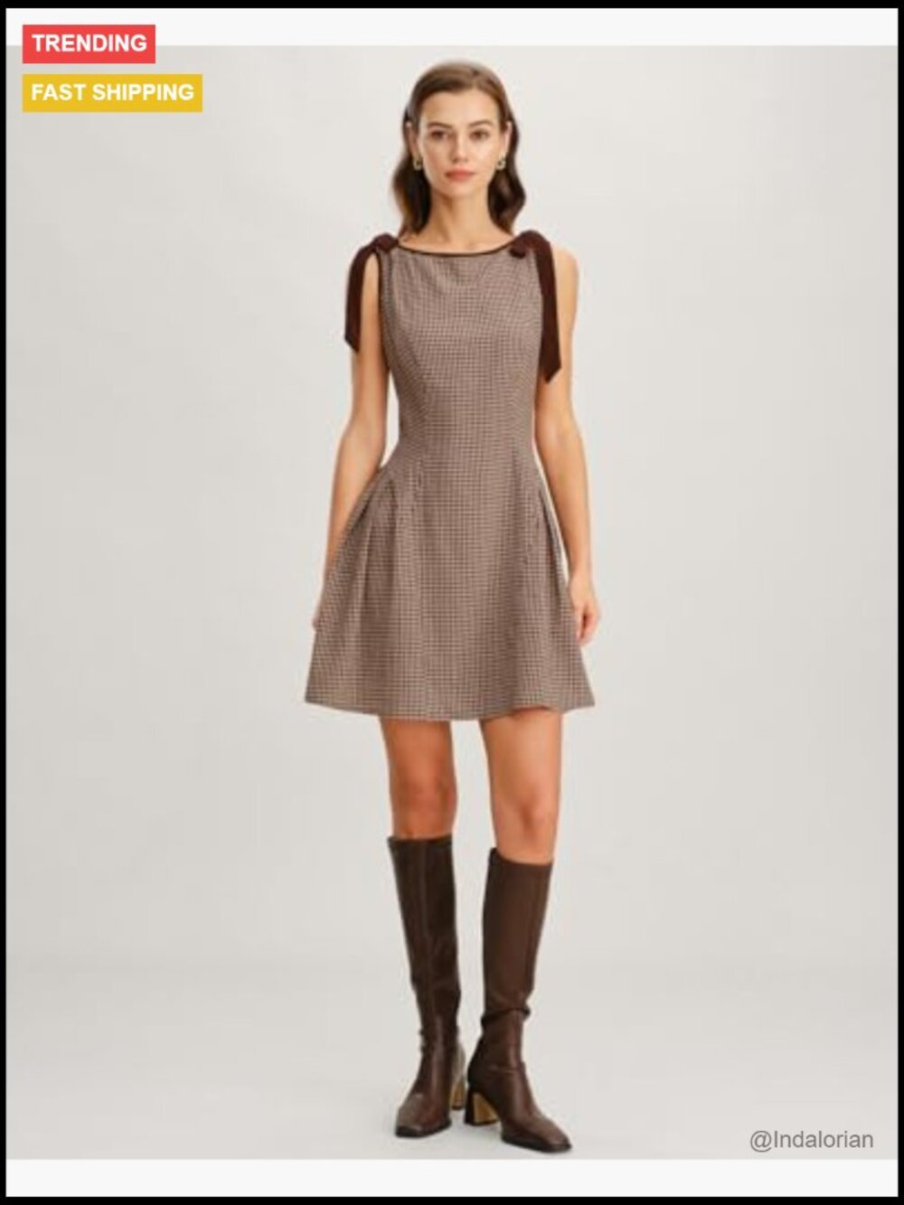 Women's Plaid Boat Neck A-Line Midi Dress - Vintage Fit & Flare Dress - Picture 2 of 7